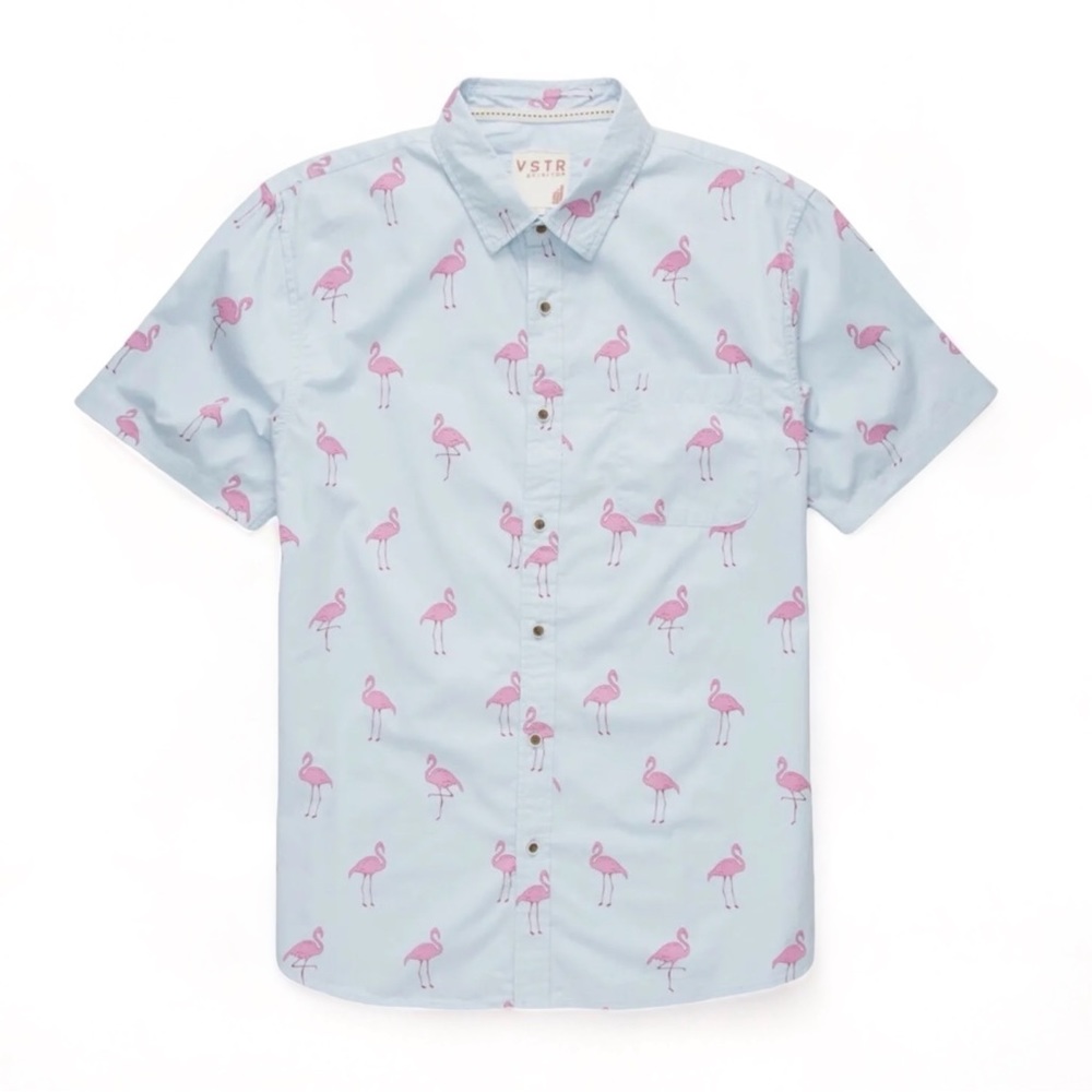 VSTR Flamingo Print Mens Blue Button Up Short-Sleeve Collared Shirt Size Small